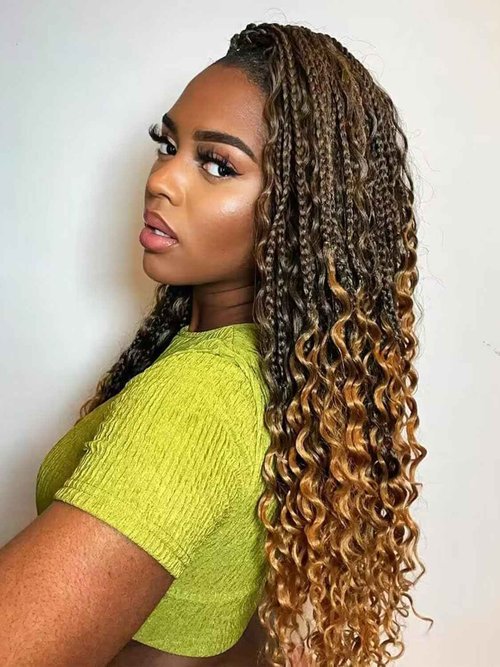 Suntefic Boho Box Braided Wigs for Black Women Glueless Double Full Lace Human Hair Blended Lightweight Hand Braid Wig with Baby Hair (4-#27, 28 In)