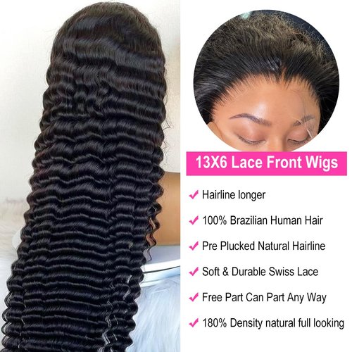 Ferzzon 13x6 Deep Wave Lace Front Wigs Human Hair Wig 180 Density Deep Curly Lace Frontal Glueless Human Hair Lace Front Wig Pre Plucked Natural Black 24 Inch