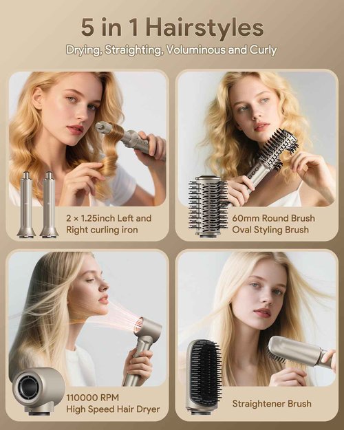 IBAYS 5 in 1 Hair Styler & Hair Dryer Brush, 110,000 RPM High-Speed Airwrap with Negative Ions for Frizz-Free Styling Fast Drying Curling Straightening Volumizing, Auto Wrap Hot Air Styler