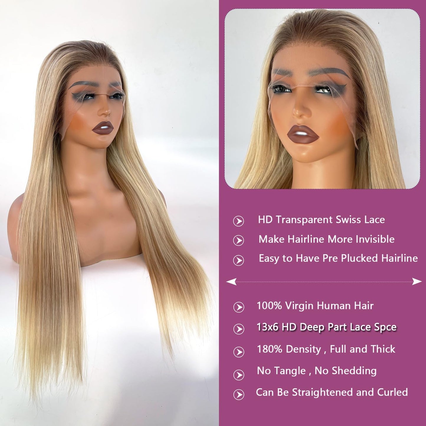 13x6 Lace Front Wigs Human Hair Brown Roots to Golden Blonde Balayage Blonde Highlights Wig Human Hair 18 Inch Glueless Lace Front Wigs Human Hair Pre Plucked Straight Colored Wigs for White Women