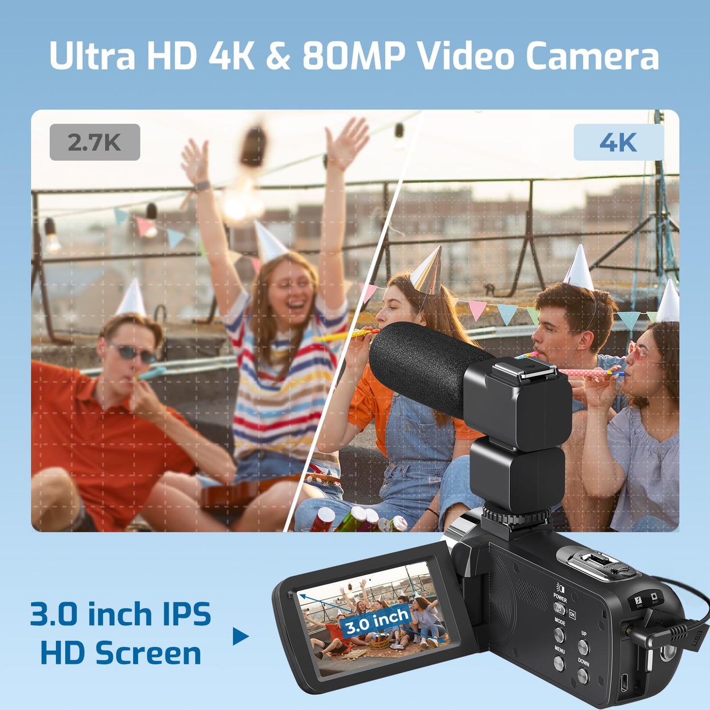 4K Camcorder Video Camera 80MP Ultra HD Vlogging Camera for YouTube 18X Digital Zoom 3.0" IPS HD Screen Recorder IR Night Version With Handheld Stabilizer, Microphone, Remote Control and 32GB SD Card