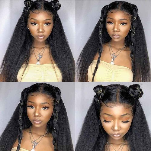 Alidiamond 360 Lace Front Wigs Human Hair Kinky Straight Wig 360 Frontal Wigs for Black Women 16 Inch 180% Density Yaki Straight 360 Full Lace Wigs with Baby Hair Natural Color