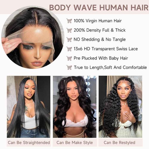 GBUN 13x6 Lace Front Wigs Human Hair 28 Inch Body Wave HD Lace Front Wigs Human Hair Pre Plucked 200 Density with Baby hair Transparent Lace Frontal Wigs for Women Natural Color