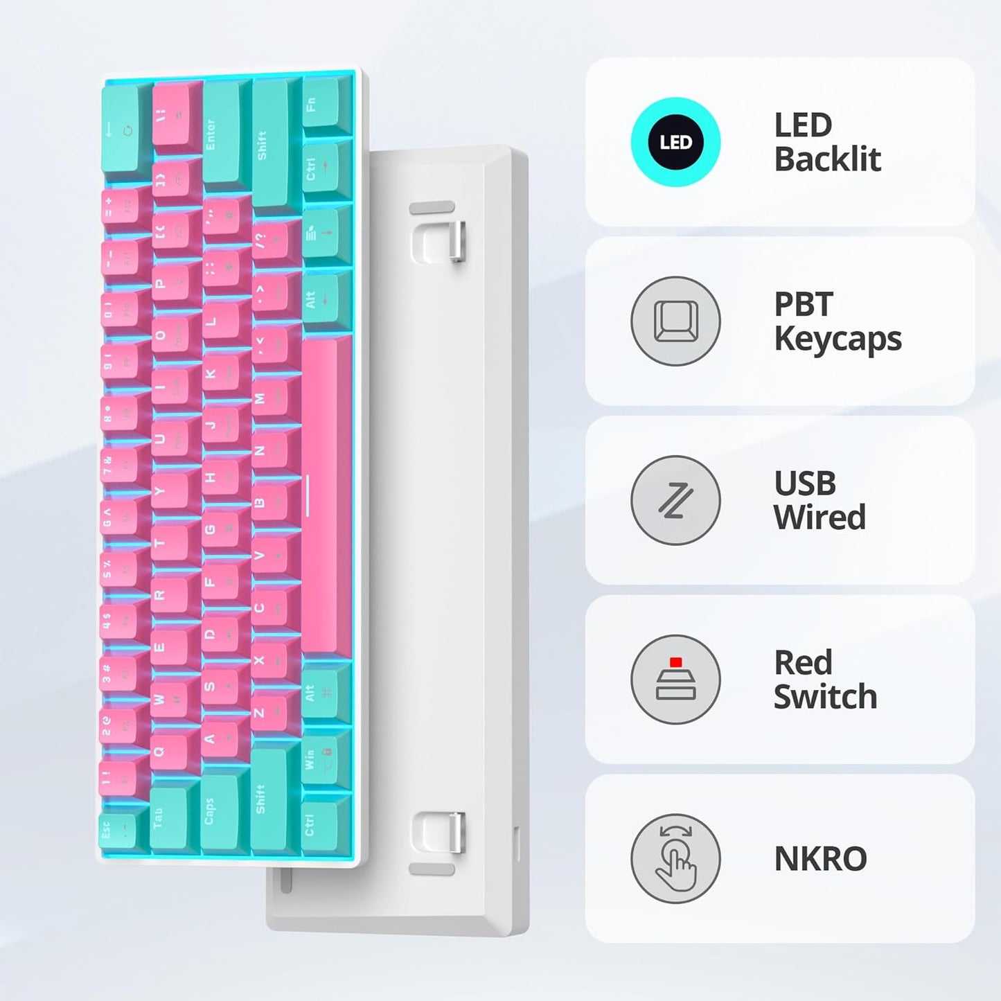60 Percent Gaming Keyboard 68 Keys Mechanical Keyboard LED Backlit Compact Wired Keyboard with Red Switch for Windows PS4/5 Xbox Gamer(Black-White)