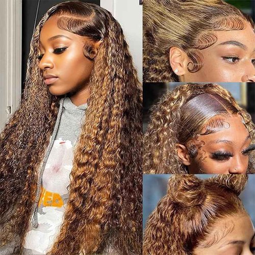 Ladoux Ombre Lace Front Wig Human Hair 13x4 HD Transparent Deep Wave for Women 180% Density 4/27 Honey Blonde Colored Highlight Curly Glueless Wigs 20Inch Pre Plucked with Baby Hair