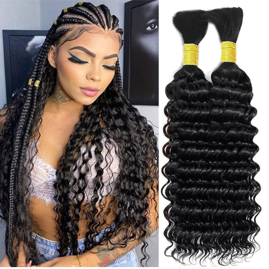 Human Braiding Hair 2 Bundle 100g Deep Wave Bulk Human Hair for Braiding No Weft 12A Brazilian Virgin Curly Human Hair Extensions for Boho Braids (Deep Wave-1B, 20/100g)