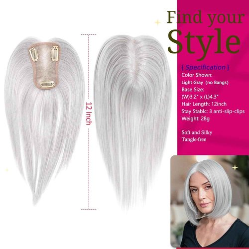 SHEIRIS Real Human Hair Topper 12 Inch Human Hair Toppers for Thinning Hair Hand-woven area 3.2"x4.3" Swiss Base Natural Hairpiece Wiglet for Women Daily Natural (#Light Gray)