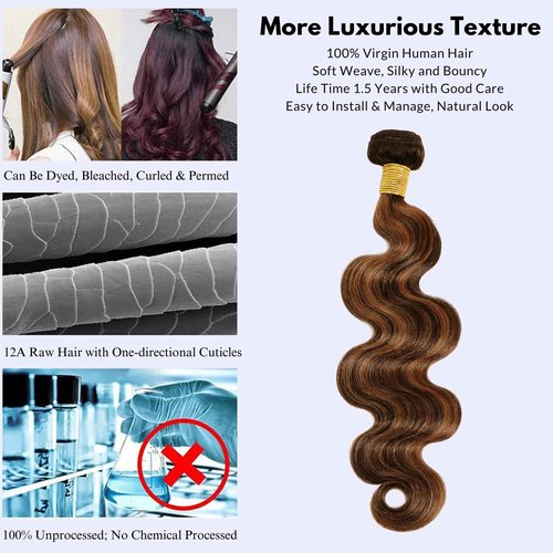 MOMOSHERO Brown Highlight Body Wave Bundles Human Hair 24 In, 12A Soft and Glossy Blonde Balayage Ombre One Bundles 100% Remy Hair Single Ombre Bundle #1b/30 Piano Color Dark Root
