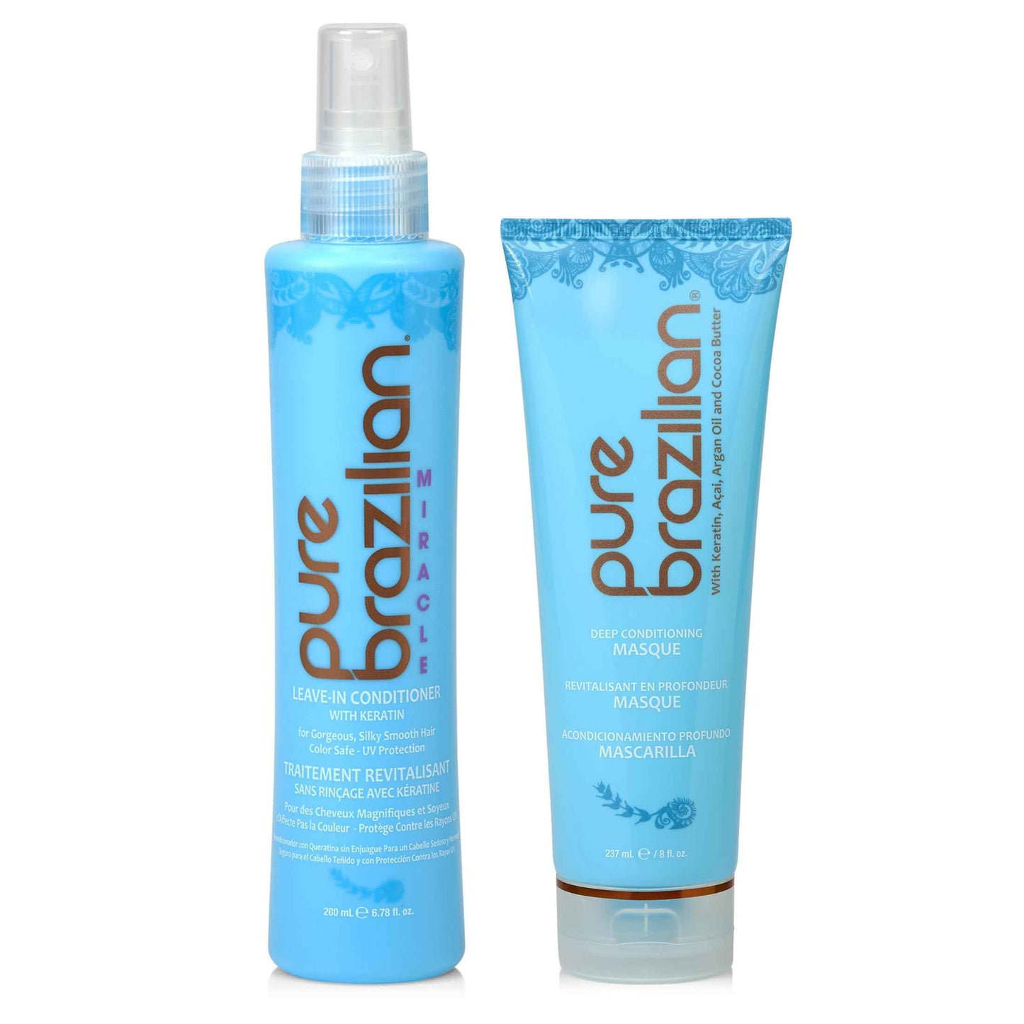 PURE BRAZILIAN Nourishing Hair Treatment Bundle - Deep Conditioning Mask (8oz) & Leave In Conditioner for Restoring Hair Health and Shine (6.78 Oz)