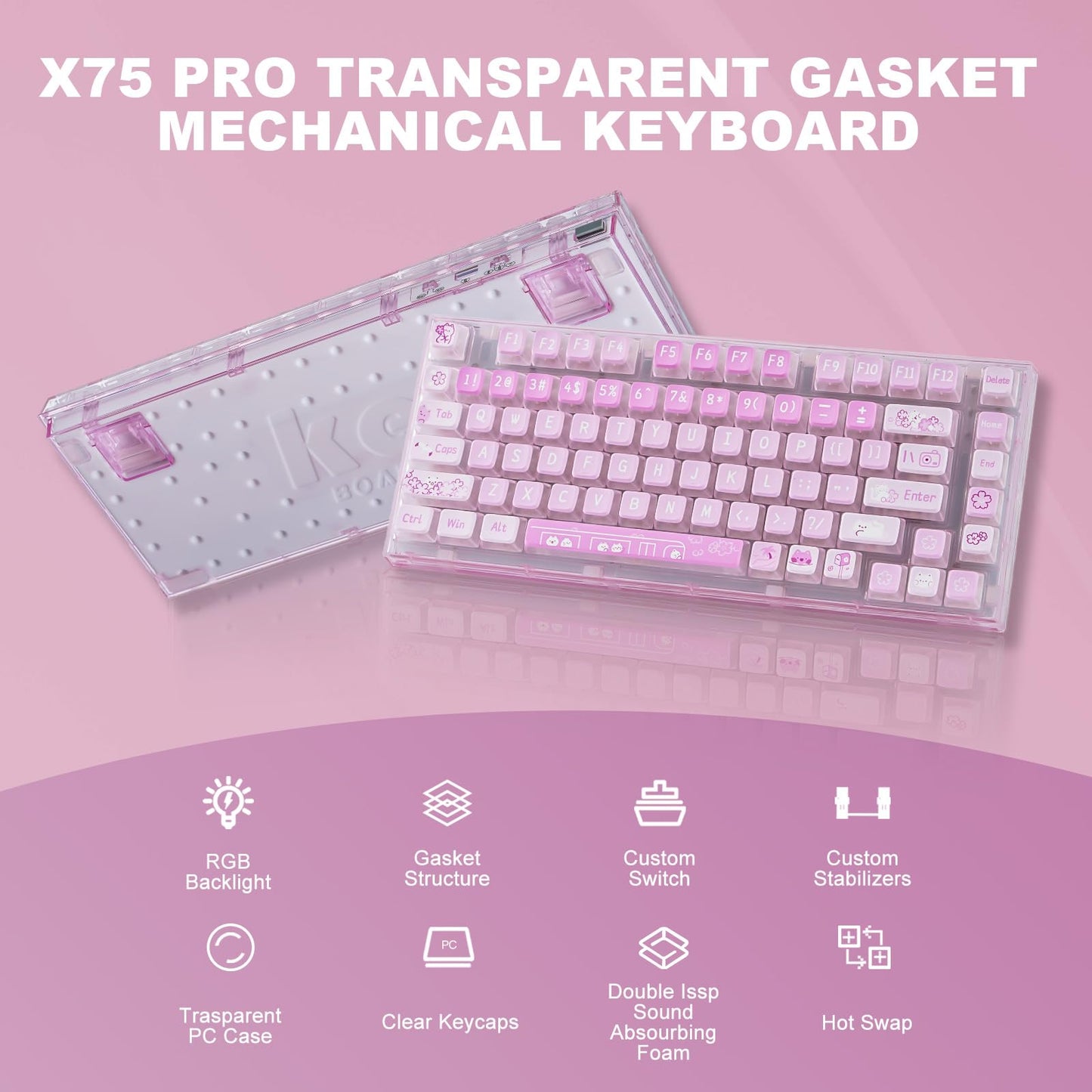 YUNZII X75 PRO 82 Key Wireless Hot Swappable Mechanical Gaming Keyboard with Transparent Keycaps,BT5.0/2.4G/USB-C, Gasket Mount Keyboard,for Windows/Mac (Kailh Jellyfish Switch, Wireless-Pink)