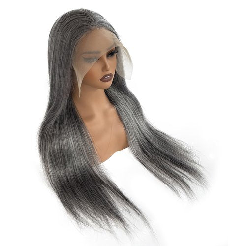 Salt and Pepper Gray Wigs Human Hair for Black Women Soft Straight 13x4 HD Lace Frontal Wig Dark Hair with White Highlighted Wigs Salt & Pepper Wig Human Hair 180% Density Pre Plucked 26 Inch