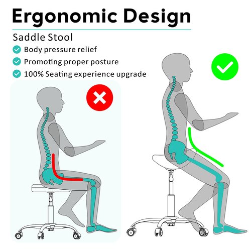 Eueiykw Professional Saddle Stool with Wheels Rolling Saddle Stool with Extra-Wide Base Heavy-Duty Stable Stool Adjustable Height Ergonomic Chair for Office, Workshop, Salon & Clinic
