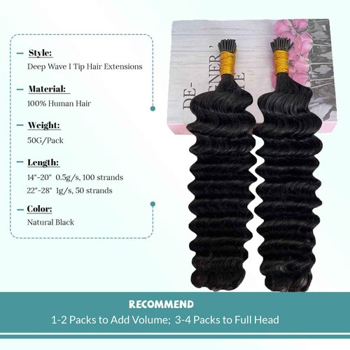 I Tip Hair Extensions Real Human Hair, 28inch 50g 50S Deep Wave Cold Fusion I Tip Hair Extensions, Invisible Remy Pre Bonded Human Hair I Tips, #1B Natural Black