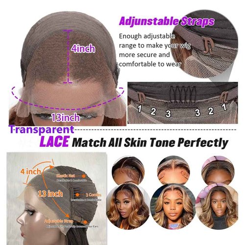 Manorshen Body Wave Ombre Highlight Transparent Lace Frontal Wigs Brazilian Virgin 13x4 Lace Front Glueless Brazilian Human Hair for Women With Baby Hair (Highlight 4/27, 30 Inch)
