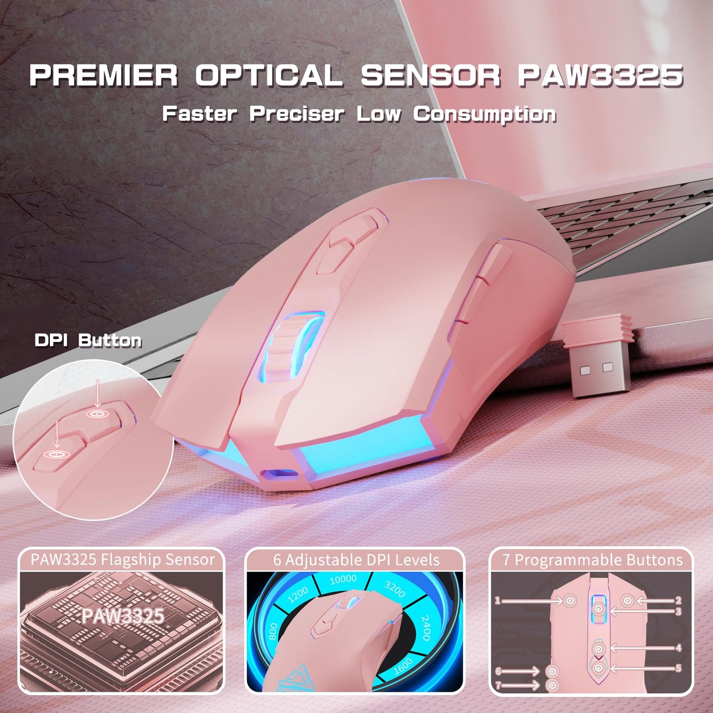 AJ52PRO Wired Wireless Bluetooth Gaming Mouse with RGB LED Backlight Adjustable 10000DPI Ergonomic 7 Programmable Button Rechargeable 800mAh Battery 2.4Ghz USB Receiver for PC Mac PS4 Xbox Gamer(Pink)
