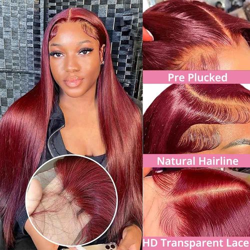 PRUWIGS 22 Inch 99j Burgundy Lace Front Wigs Human Hair 250% Density Straight Burgundy Wig Human Hair 99j 13x6 HD Glueless Frontal Wigs for Women Pre Plucked with Baby Hair