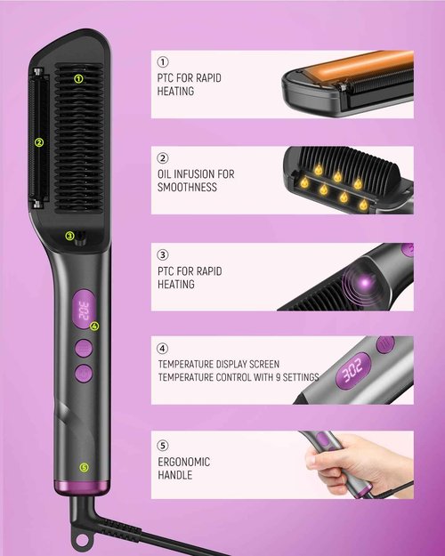 Hair Straightening Brush Hot Oil 9 Temp Ionic Hair Straightener Comb with LED Display, Fast Heating PTC Tech & Heat Shield, Auto Shut-Off Kaasage 2-in-1