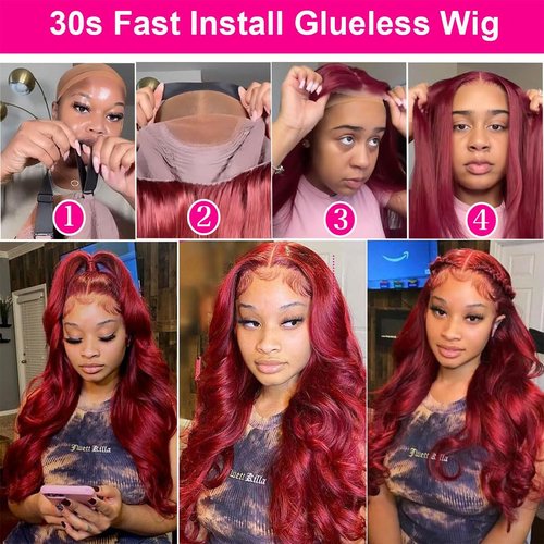 Wear and Go Glueless Wigs Pre Cut Pre Plucked for Beginners Wigs Burgundy 5x5 Lace Closure Wigs Human Hair 99J Burgundy 180% Density Glueless Pre Cut 3 Seconds to Wear 20 Inch