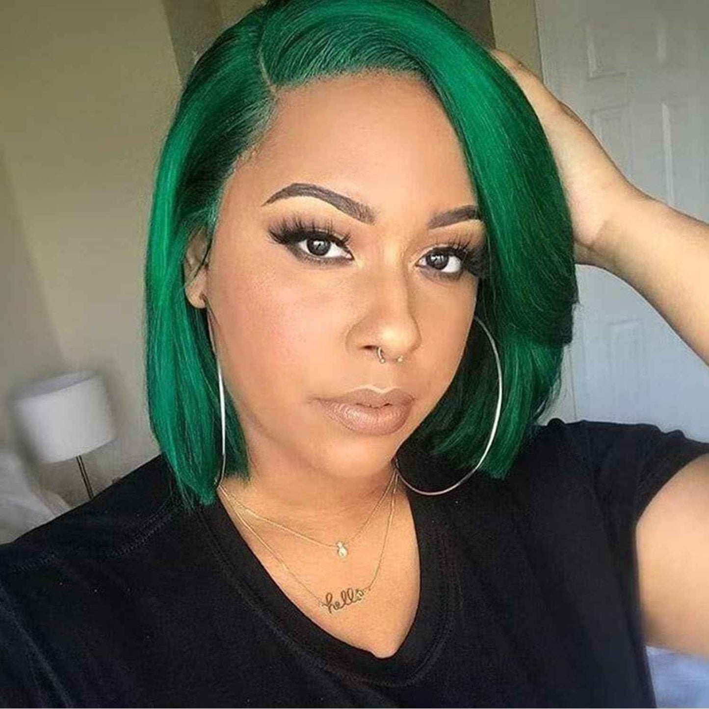 13x4 Transparent Lace Frontal Dark Green Bob Wig Human Hair Brazilian Virgin Short Bob Wigs 180% Density Dark Green 13x4 Lace Bob Wig Pre Plucked Natural Hairline with Baby Hair（8 Green)