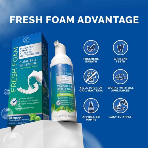 Aligner & Retainer Cleaner Fresh Foam – Dry Mouth Relief, Compatible with All Clear Aligners, Retainers, Mouth Guards, Night Guards, Veneers, Whitens, Freshens, 3% Hydrogen Peroxide, Mint - 50ml 3pcs