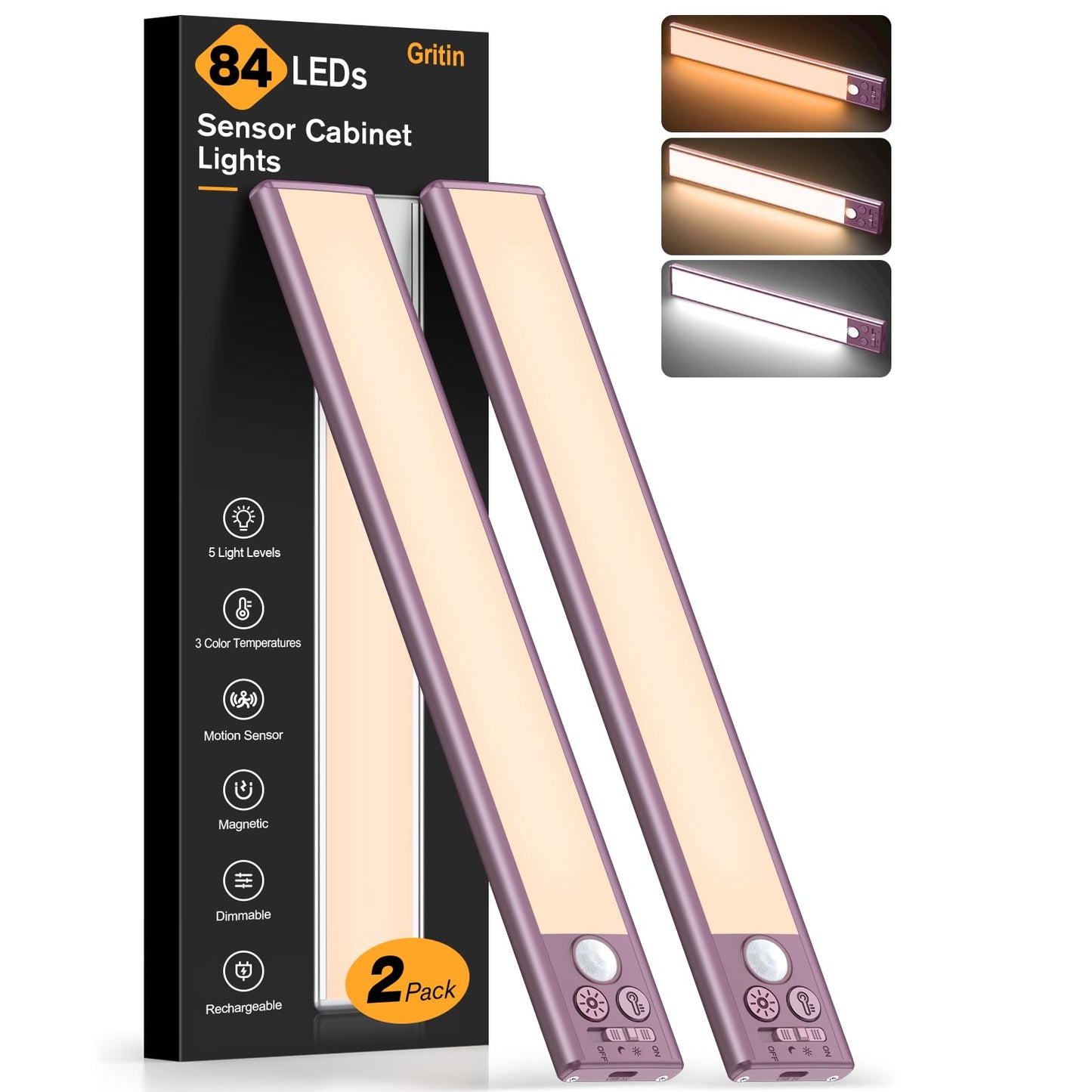 Gritin 10.2inch Under Cabinet Lighting Rechargeable -84 LED Super Bright,3-Color& 5 Level Brightness,4 Modes,Motion Sensor, Long Lasting- Easy Installation Magnetic Closet Lights -2 Pack-Mauve