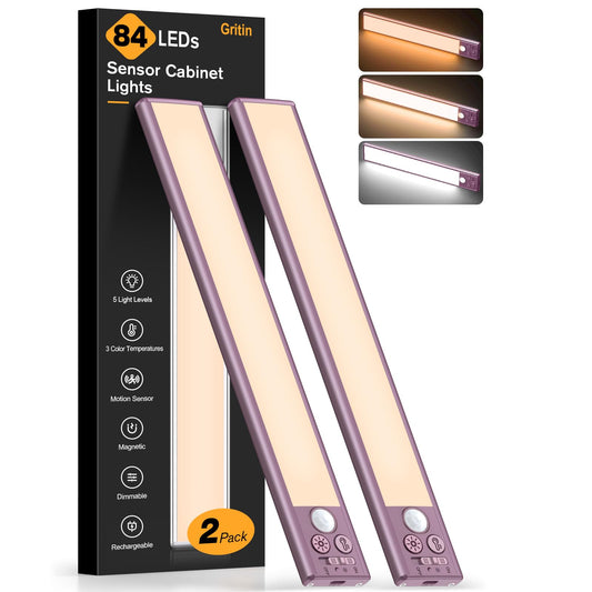 Gritin 10.2inch Under Cabinet Lighting Rechargeable -84 LED Super Bright,3-Color& 5 Level Brightness,4 Modes,Motion Sensor, Long Lasting- Easy Installation Magnetic Closet Lights -2 Pack-Mauve