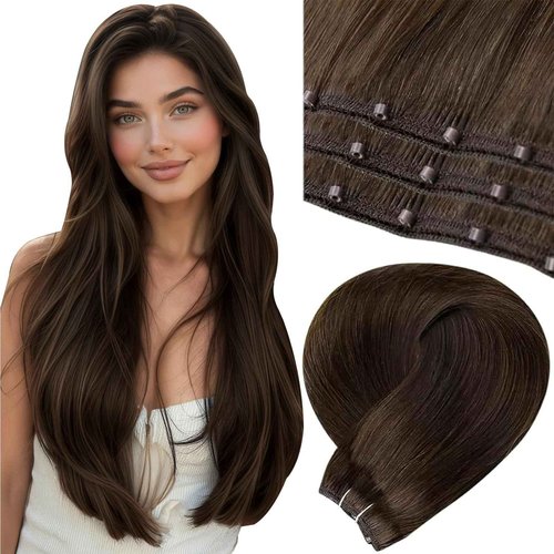LaaVoo Hair Beaded Weft Hair Extensions Human Hair Weft Extensions with Micro Beads Weft Hair Extensions Medium Brown Human Hair 22inch 50g