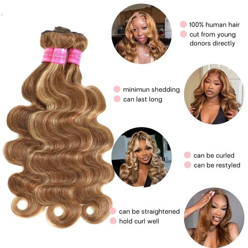 Suerkeep Body Wave Bundles Human Hair Extensions 3 Bundles 20 22 24 Inches Raw Brazilian Virgin Hair P4/27 Color For Black Women