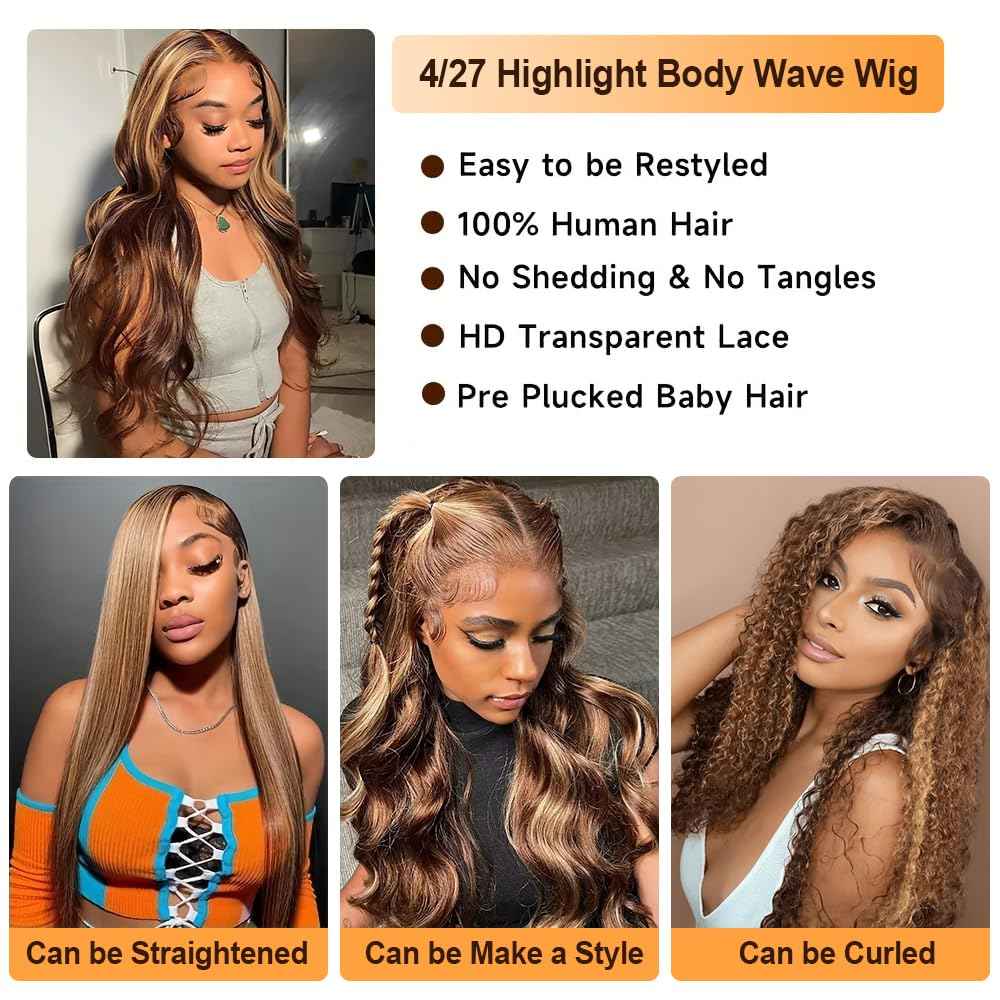 Honey Blonde Ombre Lace Front Wig Human Hair Highlight Wig Human Hair 4/27 Colored Body Wave HD Lace Front Wigs Human Hair Pre Plucked with Baby Hair Frontal Wigs for Women 180% Density 28 Inch