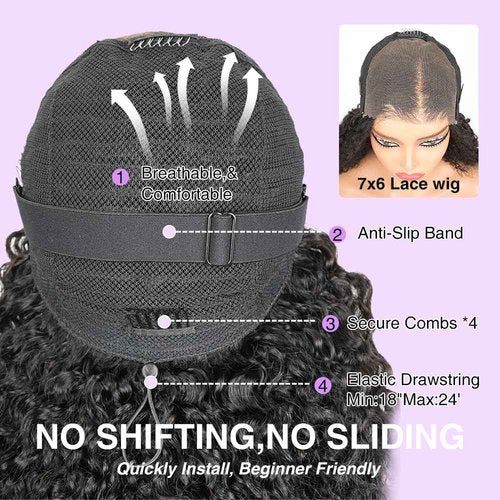 7x6 Burmese Curly Glueless Wigs Human Hair Pre Plucked Pre Cut 250% Density Drawstring Wig Human Hair 7x6 HD Lace Front Wigs Human Hair for Black Women Wear and Go Glueless Wig Natural Color 18inch
