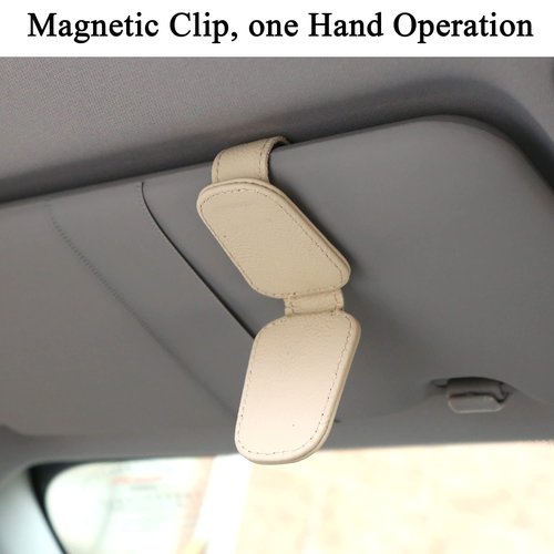 KIWEN 2 Packs Sunglasses Holders for Car Visor, Magnetic Leather Glasses Eyeglass Clip for Car, Ticket Card Clip Sunglasses Mount, Car Visor Accessories Gadgets (2, Beige)