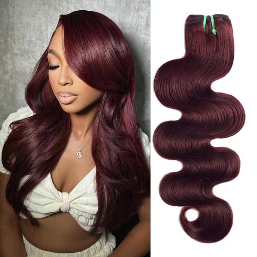 HERMOUS 13A Double Drawn Dark Burgundy Human Hair Bundles Body Wave 22 Inch, Double Lifespan Than Regular, Keep Silky And Soft After Washes Colored #99J Wine Cherry Red Single Bundles Raw Hair Sew In