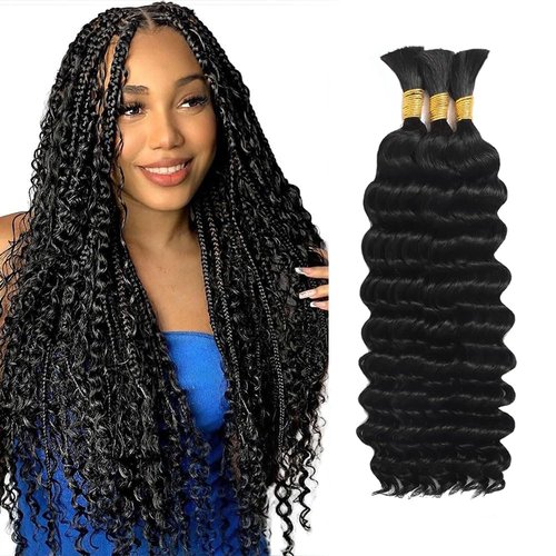 Hailookmey Human Braiding Hair for Boho Braids 150g Deep Wave Human Hair for Braiding 3 Bundles/Pack No Weft Curly Human Hair Extensions for Braids (Natural Black Color,24 Inch)