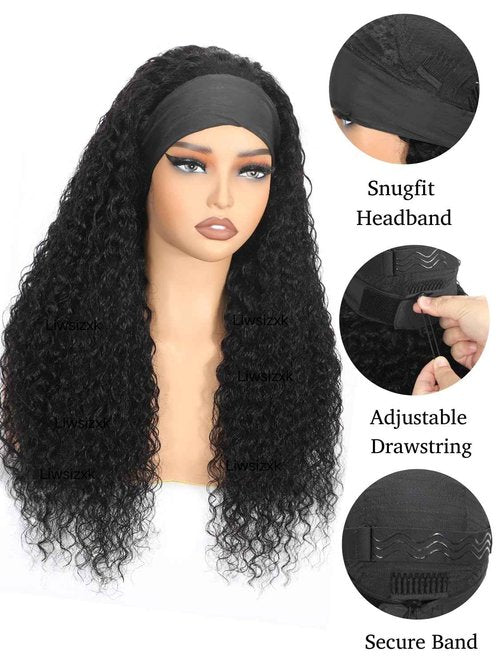 Liwsizxk Water Wave Headband Wig Human Hair 220 Density Upgrade Curly Drawstring Headband Wigs Human Hair Wear and Go Glueless Wigs for Black Women 22inch None Lace Front Wigs Natural Color