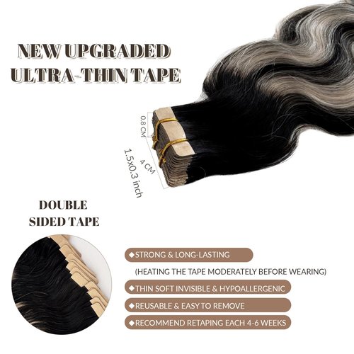 Tape in Hair Extensions Human Hair 26 Inch Body Wave Natural Black Hair Balayage Silver Grey Highlights Hair Extensions Real Human Hair Tape ins for Black Women 20 PCS Double Sided Tape Hair 50G
