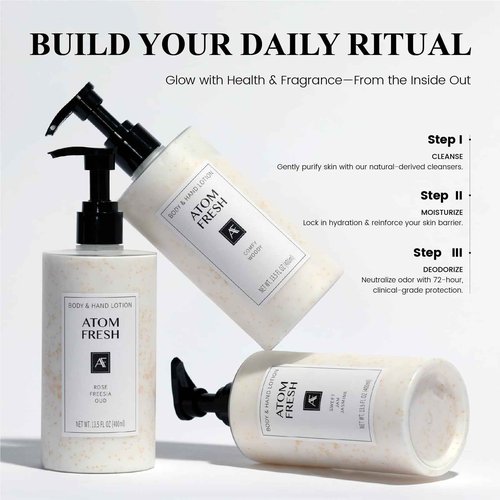 Atom Fresh Body Lotion for Women, Hydrating & Firming Body Moisturizer for Dry Skin, Ceramide & Niacinamide Skin Barrier, Non-Greasy Vitamin E Lotion, Rose Fressia Oud Scent, 13.5 fl oz