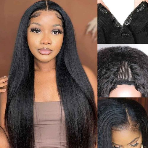 MOOTAFUL V Part Human Hair Wig Kinky Straight V Part Wig Human Hair for Black Women 18 Inch Glueless Wigs Clip Upgrade Natural Beginner Friendly Middle Part 200% Density