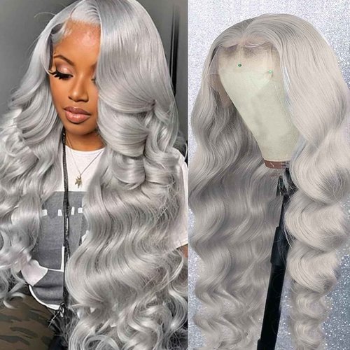 Dorashion Grey Lace Front Wigs Human Hair 13x4 HD Transparent Gray Body Wave Human Hair Lace Front Wigs for Women 180 Density Pre Plcked Colored Grey Lace Frontal Wig with Baby Hair 22 Inch