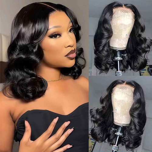 13X6 14inch 230%Density Natural Black Bob Wig Human Hair, Body Wave Wig Human Hair, Short Bob Lace Front Wigs Human Hair, Bob Wigs For Black Women, Pre Plucked With Baby Hair HD Transparent Lace