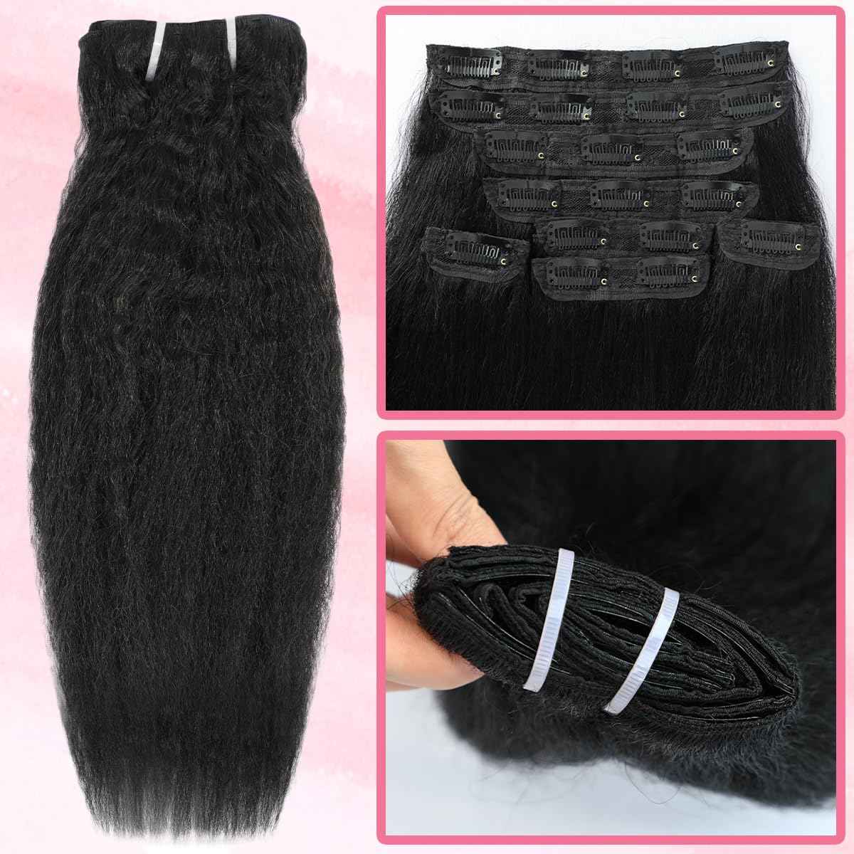 Kinky Straight Clip in Hair Extensions Human Hair for Black Women 8A Brazilian Yaki Real Hair Extensions Clip in Human Hair Full Head Natural Color 8pcs 20 Clips 110g/Set (16 inch)