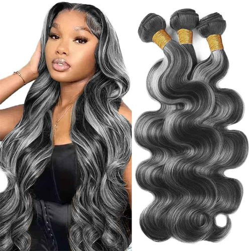 Fridnae Hair 26-30 Inch Highlight Bundles - P1B Grey Body Wave Human Hair - Two Tone Black & Silver Ombre - Grey Body Wave