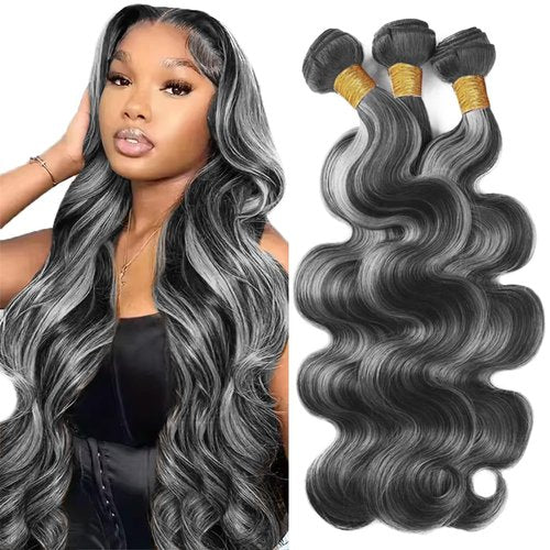 Highlight Bundles P1BGray Body Wave Human Hair Bundle Two Tone Black Mixed With Foxy Silver 3 Bundles 18 20 22 Inch Ombre Grey Body Wave Bundle #1BGray Hair