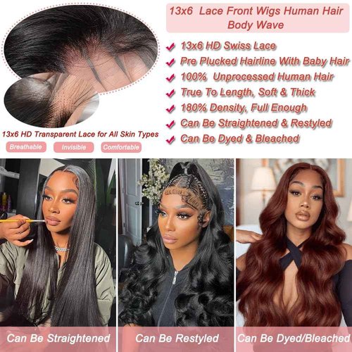 Hailriss 28 Inch 13x6 Body Wave Lace Front Wigs Human Hair Pre Plucked Glueless Wigs Human Hair 180% Density Body Wave 13x6 HD Transparent Frontal Wigs Human Hair Lace Front Wigs for Black Women