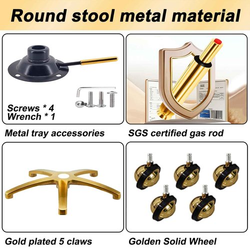 XCRFKGW Gold Rolling Vanity Stool with Wheels, Salon Spa Tattoo Massage Pedicure Chair, PU Leather Roller Chair, 43-55cm Height Adjustable Office Work Swivel Stool (White, Without Back)