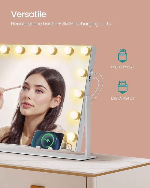 SONGMICS Vanity Makeup Mirror with Lights, Touch Control, 15 LED Bulbs, with Charging Ports, Detachable 10X Magnifying Mirror, 3 Color Temperatures, Dimmable, Phone Holder, Matte White ULWM001W01V1