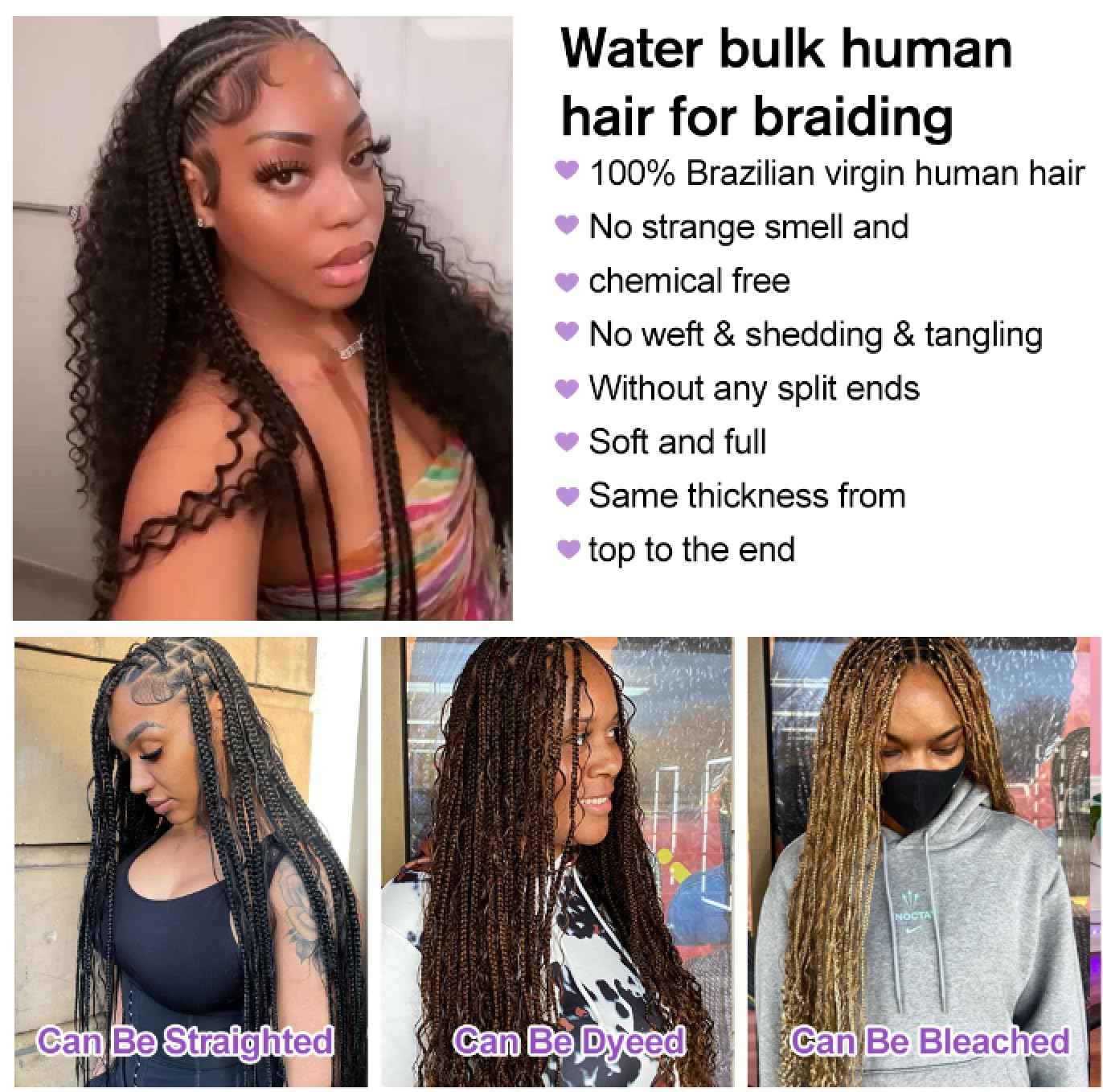 Human Braiding Hair Boho Hair For Braiding Water Wave Bulk Human Hair Braiding Hair No Weft 100g (1Pack-2Bundles) 100% Human Hair Braiding For Bohe Braids (Water Wave, 22 Inch)