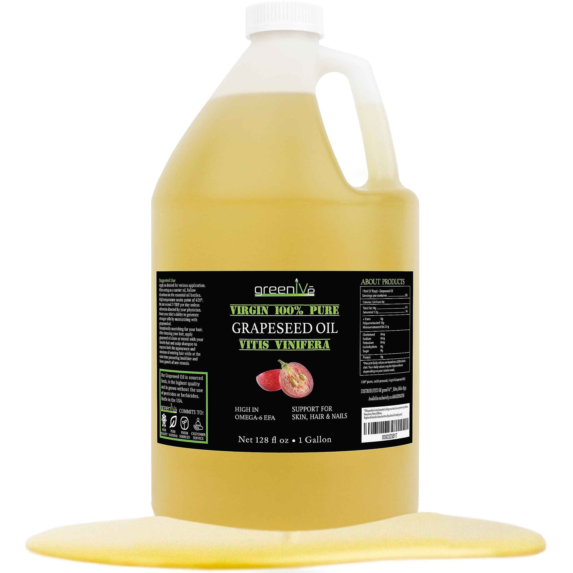 GreenIVe Grapeseed Oil Organically Grown 100% Pure Cold Pressed Light Flavor High Tempurature Cooking (128 Fl Oz (Gallon))