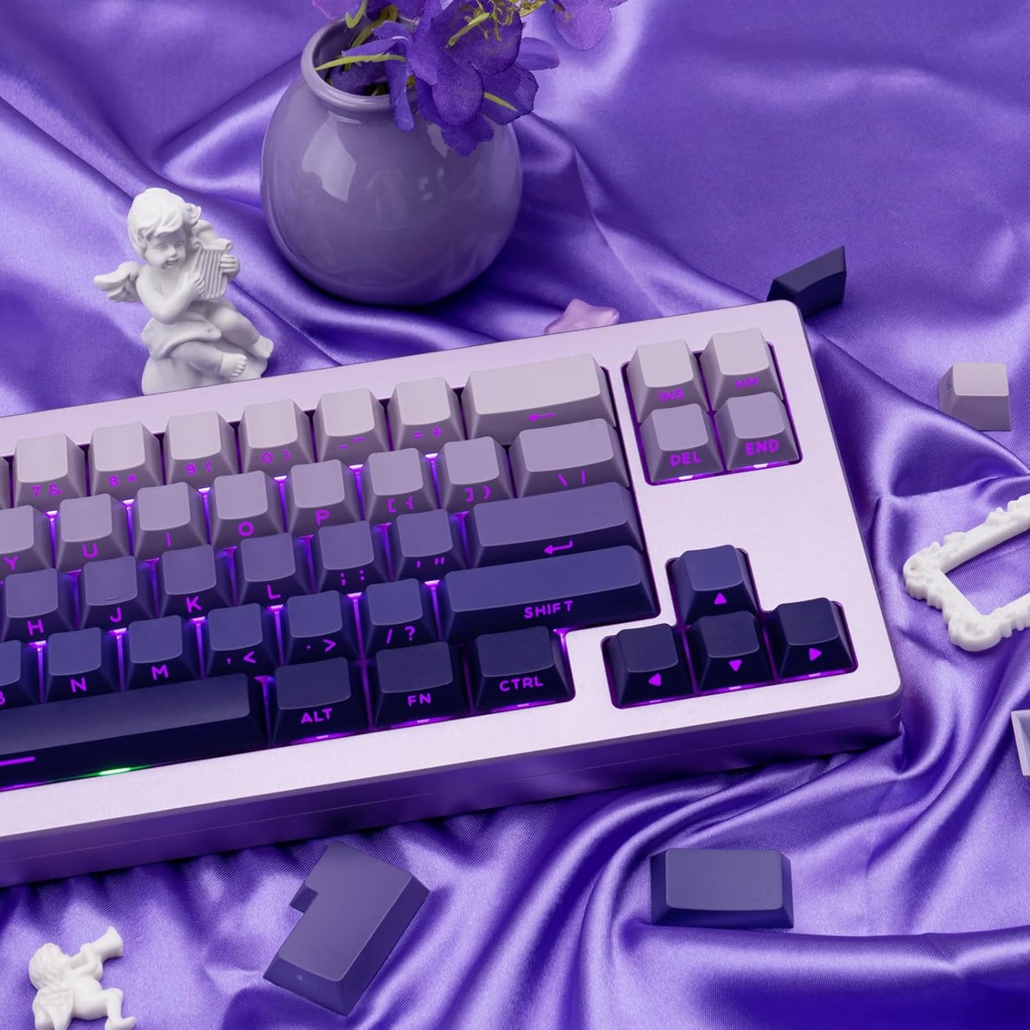 136 Keys Cherry Profile Shine Through PBT Keycaps Set, Pink Gradient Keycap Side Print, Double Shot PBT Key caps Cute, Backlit Custom White Keycaps for ANSI/ISO Layout Mechanical Keyboard