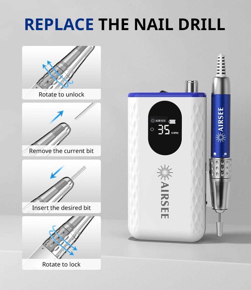 AIRSEE 35000 RPM Professional Electric Rechargeable Nail Drill File Machine for Acrylic Extension Gel Dip Powder Powerful Cordless Portable Efile 56 Sanding Bands 7 Bits LCD Scrn Salon Manicure Use G7