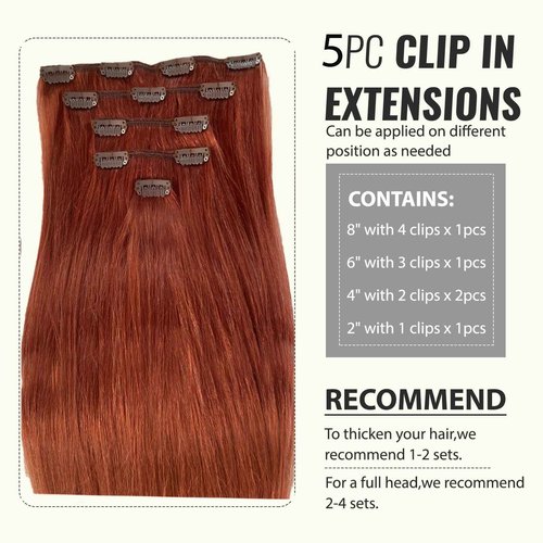 Belaved Clip in Hair Extensions 20 Inch 5PCS 70g Auburn in Real Human Hair Extensions Seamless Invisible Straight for Women Red #135